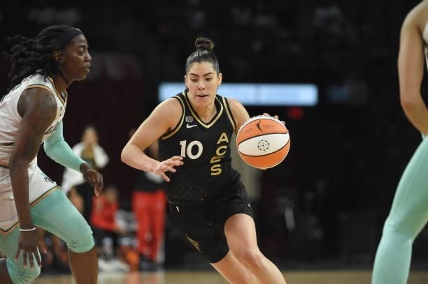 Kelsey Plum of the Las Vegas Aces dribbles the ball against the New York Liberty on June 15, 2021 at Michelob ULTRA Arena in Las Vegas, Nevada. NOTE...