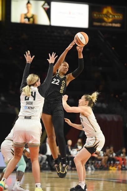 Ja Wilson of the Las Vegas Aces passes the ball during the game against the New York Liberty on June 15, 2021 at Michelob ULTRA Arena in Las Vegas,...