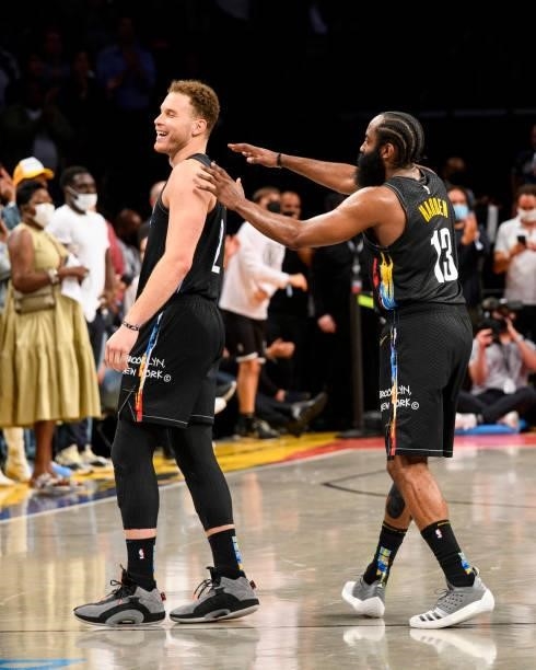 Blake Griffin of the Brooklyn Nets and James Harden of the Brooklyn Nets smile during Round 2, Game 5 of the 2021 NBA Playoffs on June 15, 2021 at...