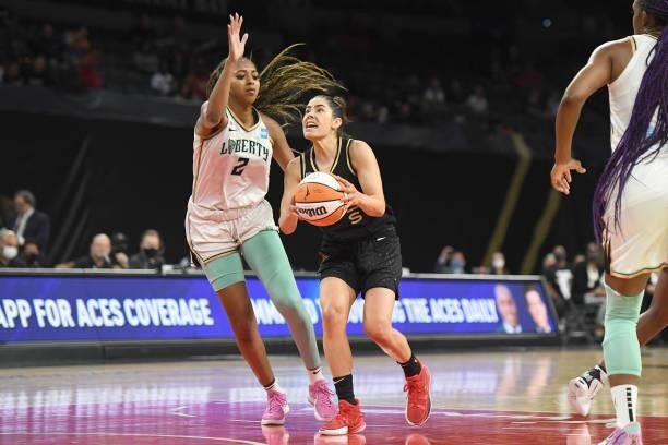 Kelsey Plum of the Las Vegas Aces drives to the basket against the New York Liberty on June 15, 2021 at Michelob ULTRA Arena in Las Vegas, Nevada....
