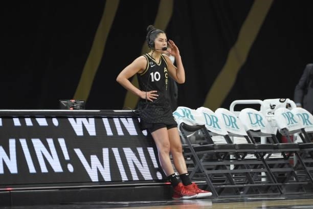 Kelsey Plum of the Las Vegas Aces talks with the media after the game against the New York Liberty on June 15, 2021 at Michelob ULTRA Arena in Las...