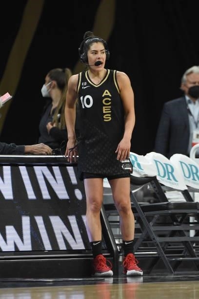 Kelsey Plum of the Las Vegas Aces talks with the media after the game against the New York Liberty on June 15, 2021 at Michelob ULTRA Arena in Las...