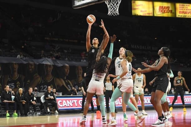 Liz Cambage of the Las Vegas Aces shoots the ball against the New York Liberty on June 15, 2021 at Michelob ULTRA Arena in Las Vegas, Nevada. NOTE TO...