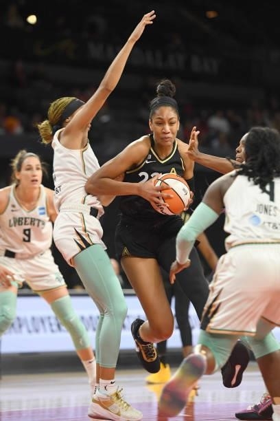 Ja Wilson of the Las Vegas Aces drives to the basket against the New York Liberty on June 15, 2021 at Michelob ULTRA Arena in Las Vegas, Nevada. NOTE...