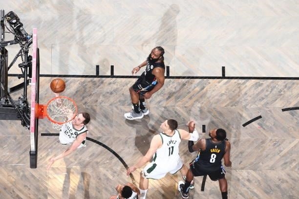 Pat Connaughton of the Milwaukee Bucks shoots the ball against the Brooklyn Nets during Round 2, Game 5 of the 2021 NBA Playoffs on June 15, 2021 at...