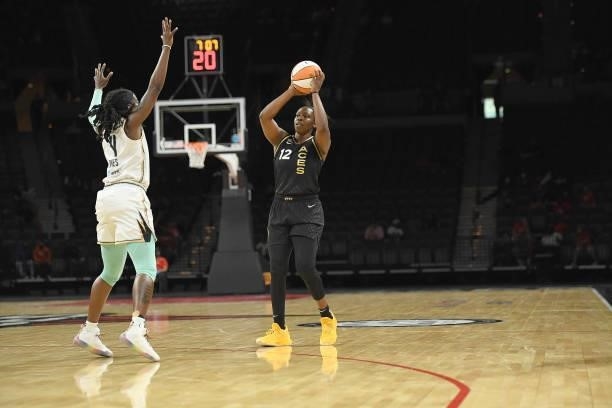 Chelsea Gray of the Las Vegas Aces looks to shoot the ball against the New York Liberty on June 15, 2021 at Michelob ULTRA Arena in Las Vegas,...