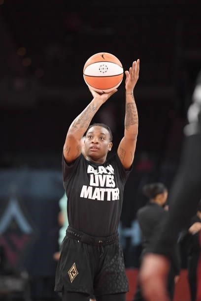 Riquna Williams of the Las Vegas Aces shoots the ball before the game against the New York Liberty on June 15, 2021 at Michelob ULTRA Arena in Las...