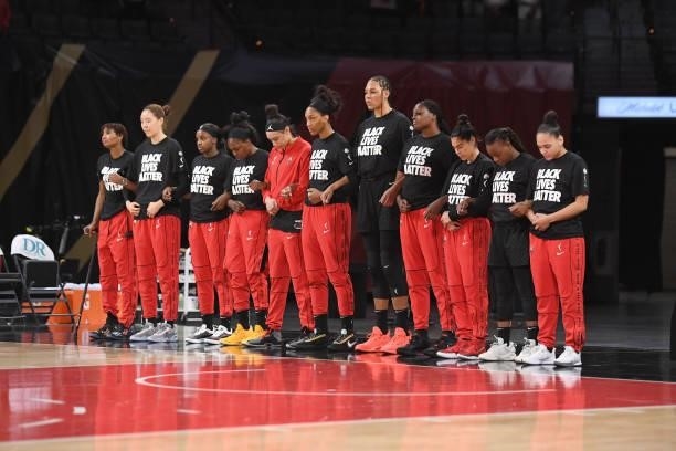 The Las Vegas Aces stand on the court before the game against the New York Liberty on June 15, 2021 at Michelob ULTRA Arena in Las Vegas, Nevada....