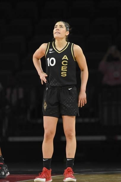 Kelsey Plum of the Las Vegas Aces looks up during the game against the New York Liberty on June 15, 2021 at Michelob ULTRA Arena in Las Vegas,...