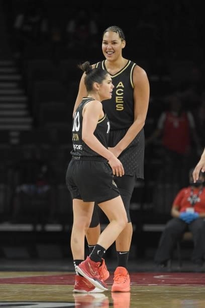 Liz Cambage of the Las Vegas Aces smiles during the game against the New York Liberty on June 15, 2021 at Michelob ULTRA Arena in Las Vegas, Nevada....