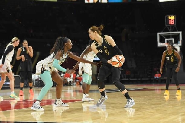 JiSu Park of the Las Vegas Aces handles the ball against the New York Liberty on June 15, 2021 at Michelob ULTRA Arena in Las Vegas, Nevada. NOTE TO...