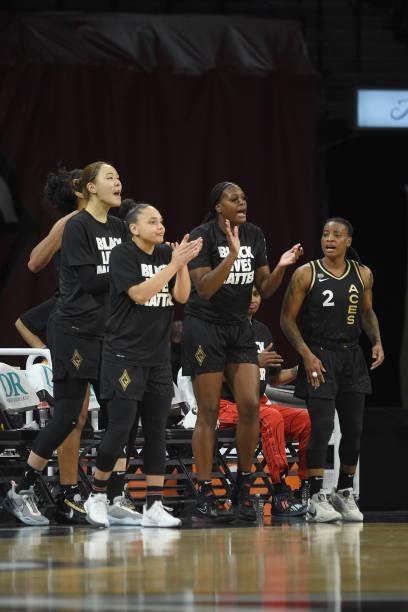 The Las Vegas Aces celebrate during the game against the New York Liberty on June 15, 2021 at Michelob ULTRA Arena in Las Vegas, Nevada. NOTE TO...