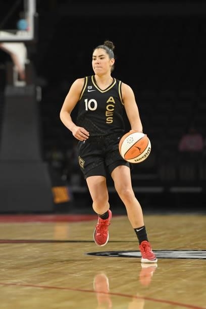 Kelsey Plum of the Las Vegas Aces dribbles the ball during the game against the New York Liberty on June 15, 2021 at Michelob ULTRA Arena in Las...