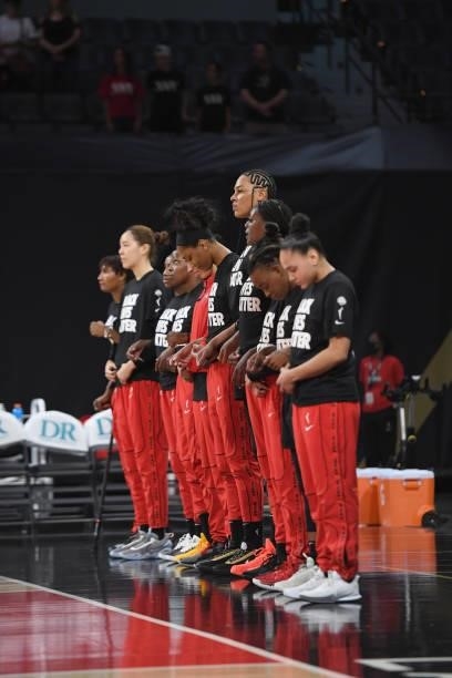 The Las Vegas Aces stand on the court before the game against the New York Liberty on June 15, 2021 at Michelob ULTRA Arena in Las Vegas, Nevada....
