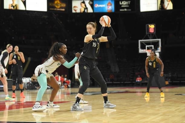 JiSu Park of the Las Vegas Aces handles the ball against the New York Liberty on June 15, 2021 at Michelob ULTRA Arena in Las Vegas, Nevada. NOTE TO...