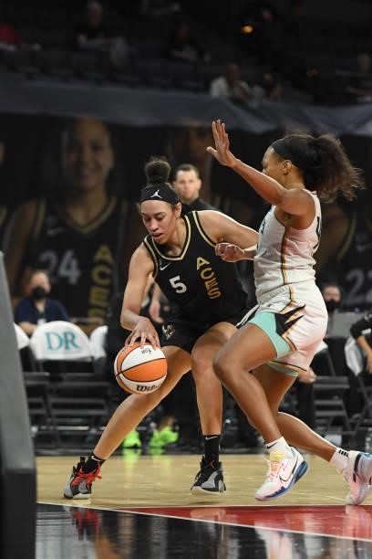 Dearica Hamby of the Las Vegas Aces handles the ball against the New York Liberty on June 15, 2021 at Michelob ULTRA Arena in Las Vegas, Nevada. NOTE...