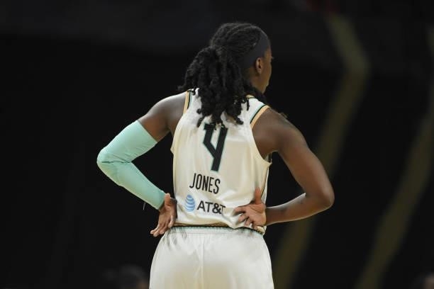 Jazmine Jones of the New York Liberty looks on during the game against the Las Vegas Aces on June 15, 2021 at Michelob ULTRA Arena in Las Vegas,...