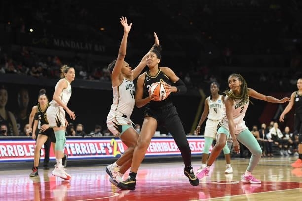 Ja Wilson of the Las Vegas Aces handles the ball against the New York Liberty on June 15, 2021 at Michelob ULTRA Arena in Las Vegas, Nevada. NOTE TO...