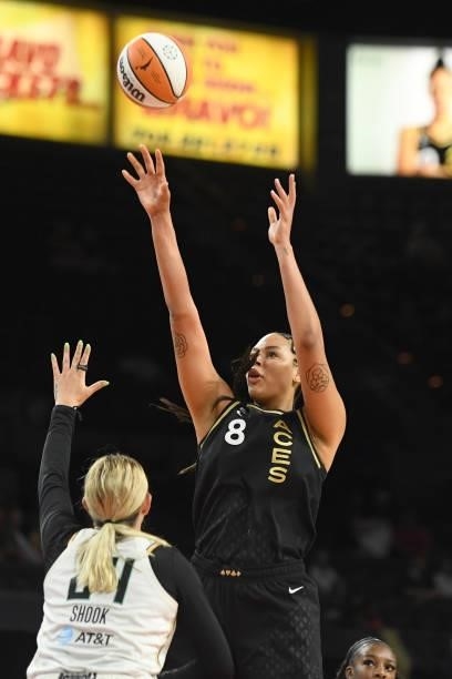 Liz Cambage of the Las Vegas Aces shoots the ball against the New York Liberty on June 15, 2021 at Michelob ULTRA Arena in Las Vegas, Nevada. NOTE TO...