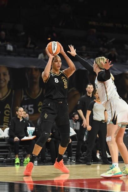 Liz Cambage of the Las Vegas Aces handles the ball against the New York Liberty on June 15, 2021 at Michelob ULTRA Arena in Las Vegas, Nevada. NOTE...