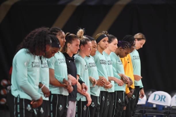 The New York Liberty stand on the court before the game against the Las Vegas Aces on June 15, 2021 at Michelob ULTRA Arena in Las Vegas, Nevada....