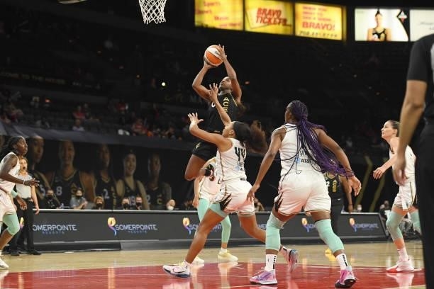 Jackie Young of the Las Vegas Aces drives to the basket against the New York Liberty on June 15, 2021 at Michelob ULTRA Arena in Las Vegas, Nevada....