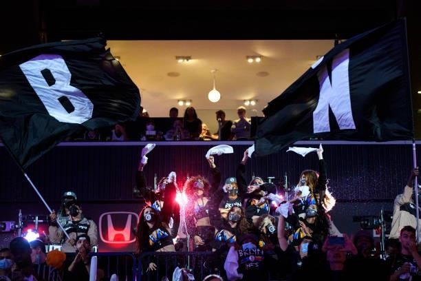 The Brooklynettes celebrate during Round 2, Game 5 of the 2021 NBA Playoffs on June 15, 2021 at Barclays Center in Brooklyn, New York. NOTE TO USER:...