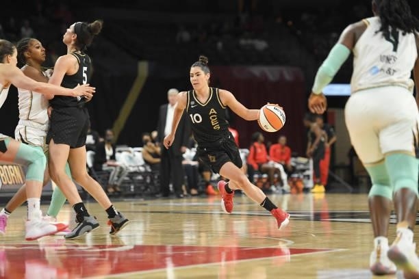 Kelsey Plum of the Las Vegas Aces dribbles the ball against the New York Liberty on June 15, 2021 at Michelob ULTRA Arena in Las Vegas, Nevada. NOTE...