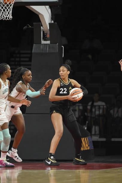 Ja Wilson of the Las Vegas Aces handles the ball against the New York Liberty on June 15, 2021 at Michelob ULTRA Arena in Las Vegas, Nevada. NOTE TO...