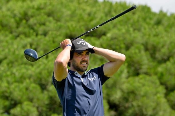 Javier Ballesteros of Spain reacts after teeing off on the sixteen hole during Day Two of the Challenge de Espana at Iberostar Real Club de Golf Novo...