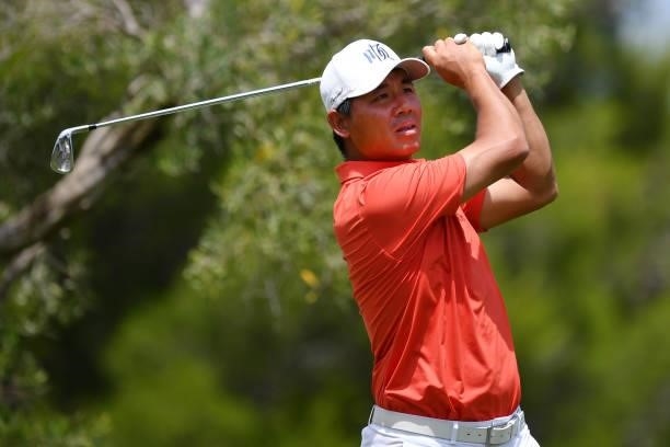 Ashun Wu of China tees off on the ninth hole during Day Two of the Challenge de Espana at Iberostar Real Club de Golf Novo Sancti Petri on June 16,...