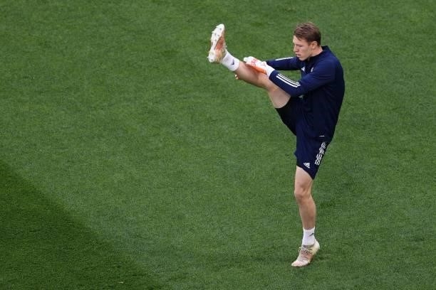 Russia's goalkeeper Matvei Safonov warms up prior to the UEFA EURO 2020 Group B football match between Finland and Russia at the Saint Petersburg...