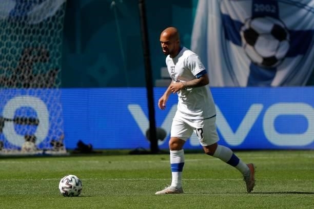 Finland's defender Nikolai Alho warms up prior to the UEFA EURO 2020 Group B football match between Finland and Russia at the Saint Petersburg...