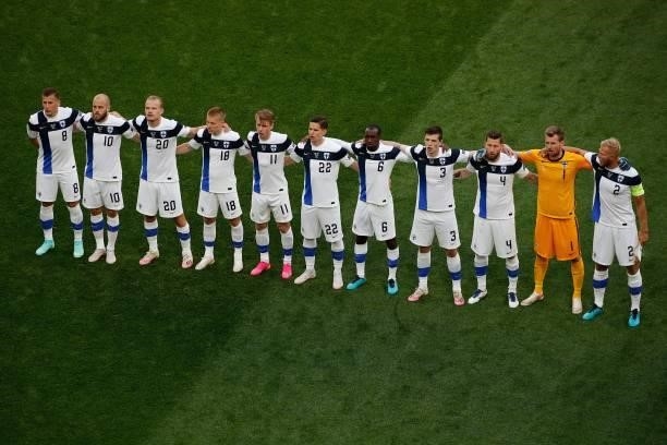 Finland's players line up prior to the UEFA EURO 2020 Group B football match between Finland and Russia at the Saint Petersburg Stadium in Saint...