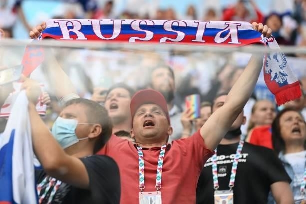 Russia fans attend the UEFA EURO 2020 Group B football match between Finland and Russia at the Saint Petersburg Stadium in Saint Petersburg on June...