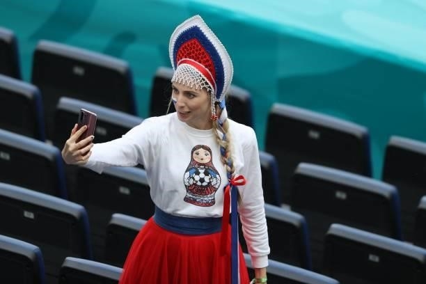 Russia fan attends the UEFA EURO 2020 Group B football match between Finland and Russia at the Saint Petersburg Stadium in Saint Petersburg on June...