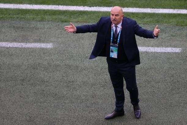 Russia's coach Stanislav Cherchesov reacts from the sidelines during the UEFA EURO 2020 Group B football match between Finland and Russia at the...