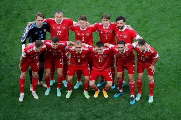 Russia's players pose for the team prior to the UEFA EURO 2020 Group B football match between Finland and Russia at the Saint Petersburg Stadium in...