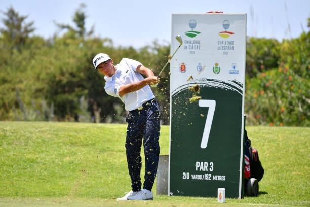 Jean Bekirian of France tees off on the seventh hole during Day Two of the Challenge de Espana at Iberostar Real Club de Golf Novo Sancti Petri on...