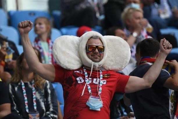 Russia fans attend the UEFA EURO 2020 Group B football match between Finland and Russia at the Saint Petersburg Stadium in Saint Petersburg on June...