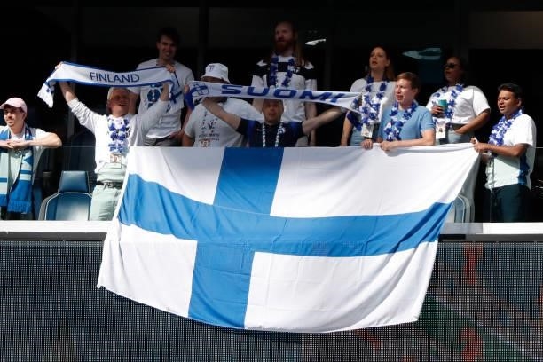 Finalnd fans attend the UEFA EURO 2020 Group B football match between Finland and Russia at the Saint Petersburg Stadium in Saint Petersburg on June...