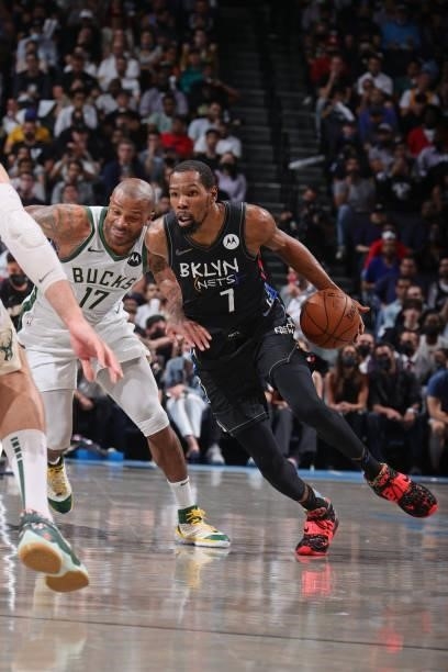 Kevin Durant of the Brooklyn Nets drives to the basket against the Milwaukee Bucks during Round 2, Game 5 of the 2021 NBA Playoffs on June 15, 2021...