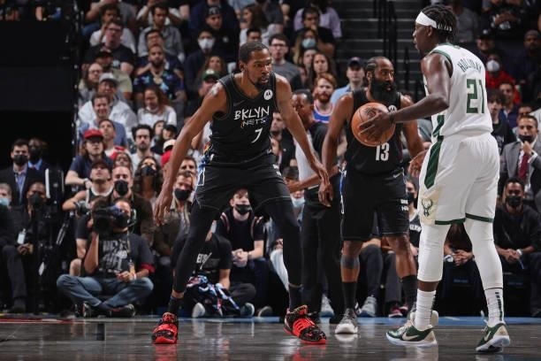 Kevin Durant of the Brooklyn Nets plays defense against the Milwaukee Bucks during Round 2, Game 5 of the 2021 NBA Playoffs on June 15, 2021 at...
