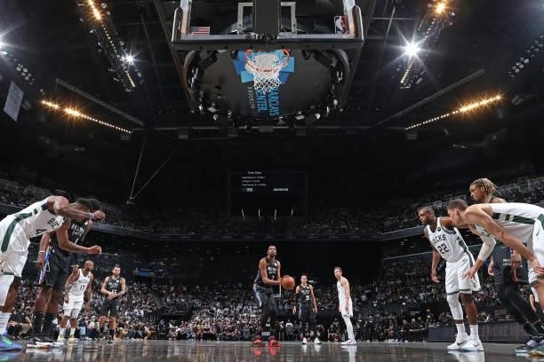 Kevin Durant of the Brooklyn Nets shoots a foul shot against the Milwaukee Bucks during Round 2, Game 5 of the 2021 NBA Playoffs on June 15, 2021 at...