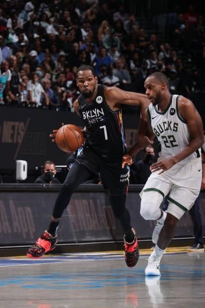 Kevin Durant of the Brooklyn Nets drives to the basket against the Milwaukee Bucks during Round 2, Game 5 of the 2021 NBA Playoffs on June 15, 2021...