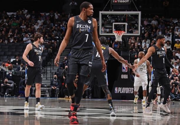 Kevin Durant of the Brooklyn Nets walks up court against the Milwaukee Bucks during Round 2, Game 5 of the 2021 NBA Playoffs on June 15, 2021 at...