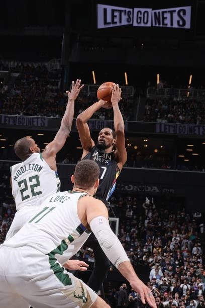 Kevin Durant of the Brooklyn Nets shoots the ball against the Milwaukee Bucks during Round 2, Game 5 of the 2021 NBA Playoffs on June 15, 2021 at...
