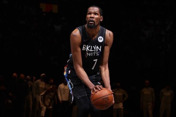 Kevin Durant of the Brooklyn Nets shoots a foul shot against the Milwaukee Bucks during Round 2, Game 5 of the 2021 NBA Playoffs on June 15, 2021 at...