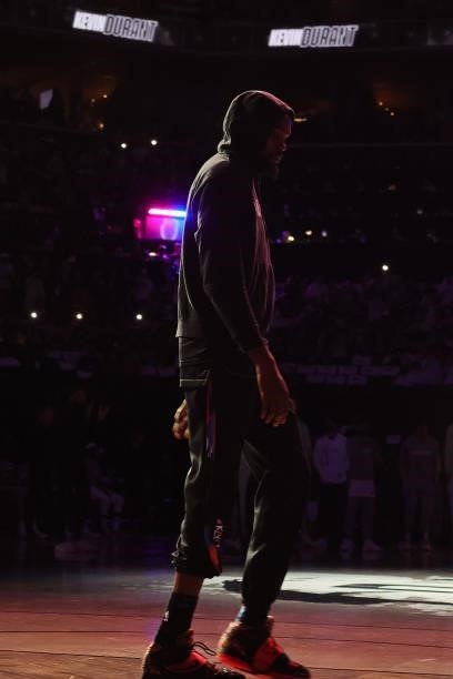 Kevin Durant of the Brooklyn Nets walks on the court against the Milwaukee Bucks during Round 2, Game 5 of the 2021 NBA Playoffs on June 15, 2021 at...