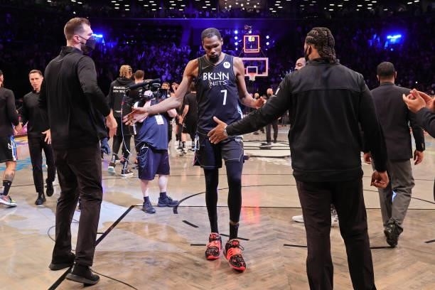 Kevin Durant of the Brooklyn Nets walks off the court against the Milwaukee Bucks during Round 2, Game 5 of the 2021 NBA Playoffs on June 15, 2021 at...